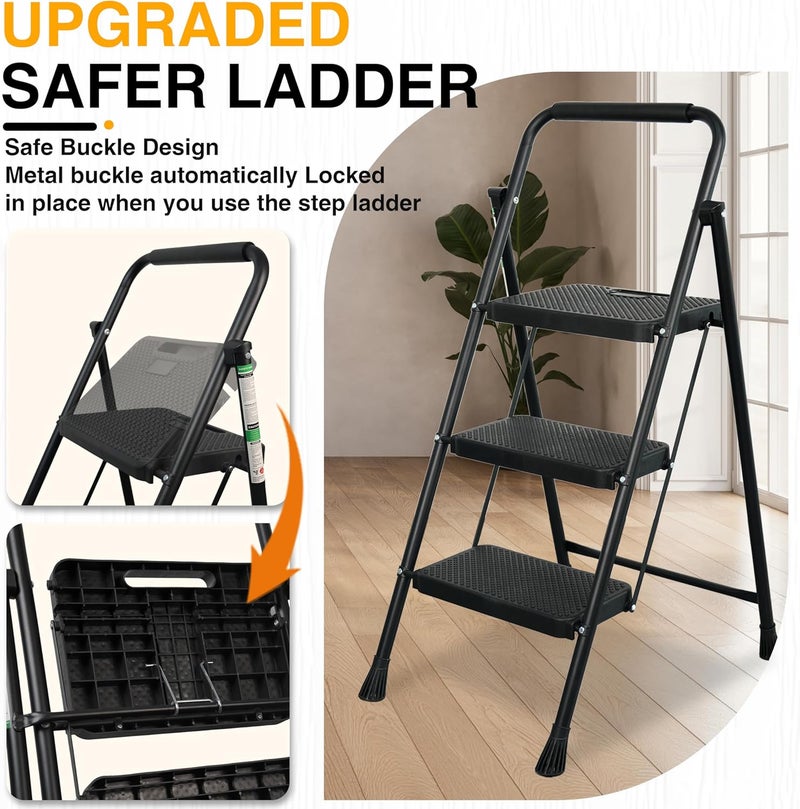 Arbusb 3 Step Ladder, Portable Steel Folding Step Stool with Wide Anti-Slip Pedal & Convenient Handgrip, 500lbs Sturdy Steel Ladder, Black - Image 2